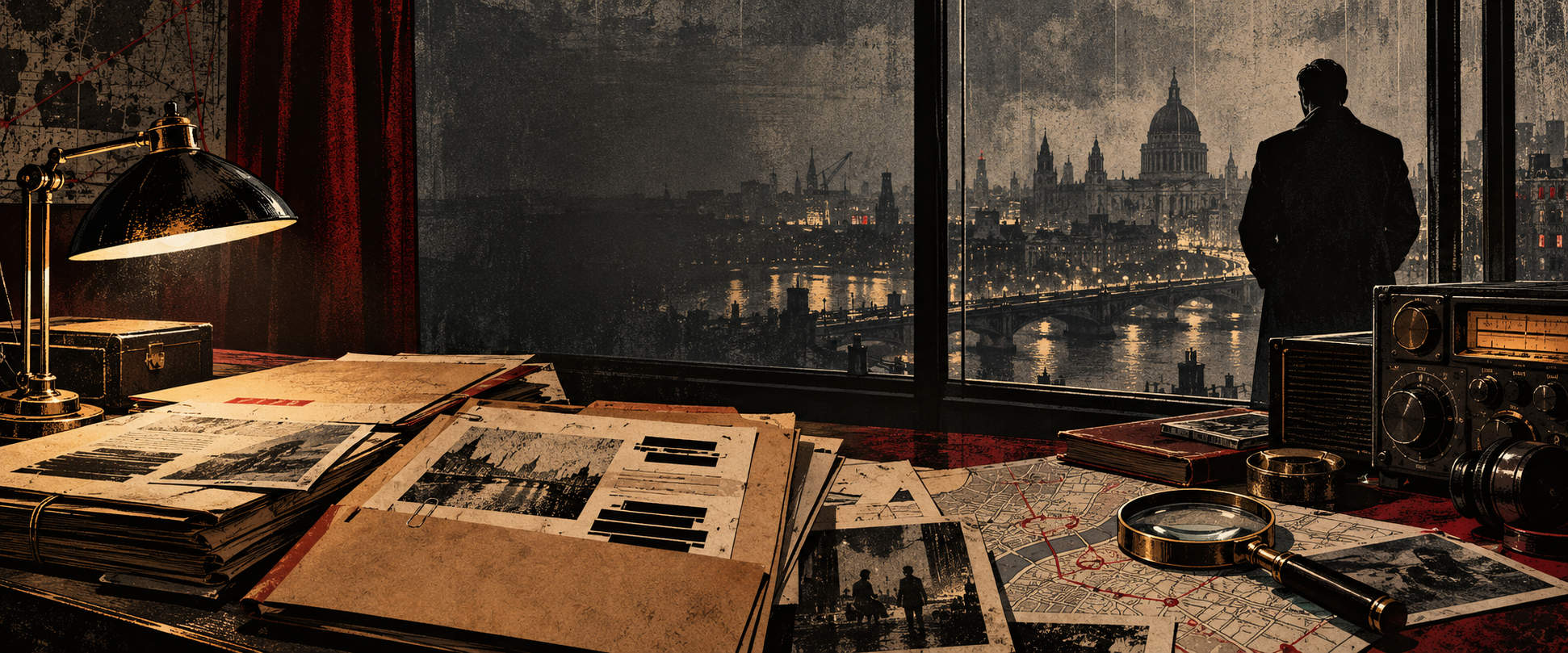A covert intelligence office overlooking a rain-soaked city, with archival files, a radio and a magnifying glass.